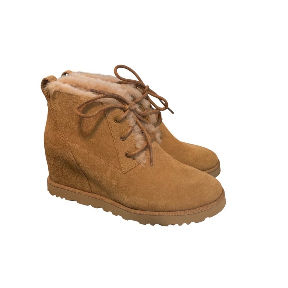UGG Women's Classic FEMME Lace Booties Sz 7 Tan Beige Chestnut Winter Boho‎
